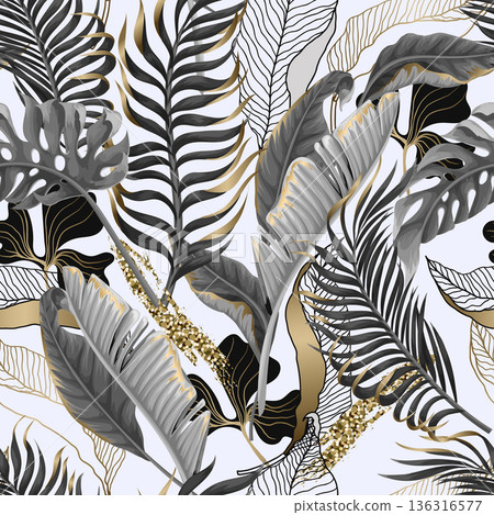 Seamless pattern with black and white tropical leaves and golden elements. Vector. Seamless pattern with black and white tropical leaves and golden elements. Vector. 136316577