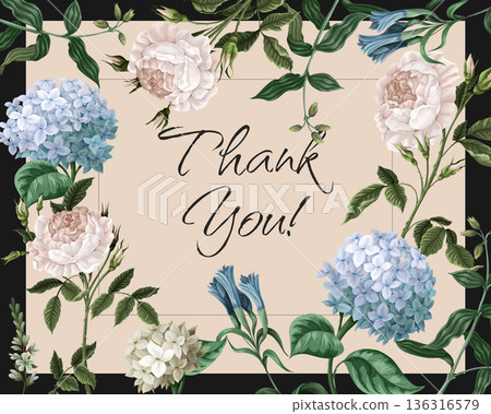 Invitation card with hydrangeas and roses. Vector Invitation card with hydrangeas and roses. Vector 136316579
