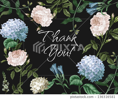 Invitation card with hydrangeas and roses. Vector. Invitation card with hydrangeas and roses. Vector. 136316581