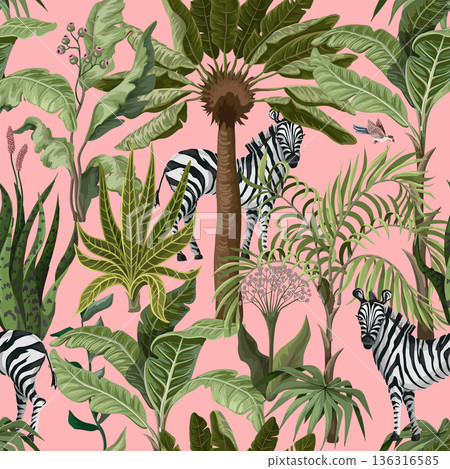 Seamless pattern with tropical trees and zebra. Vector. 136316585