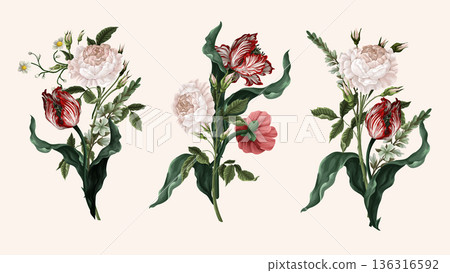 Bouquet with vintage roses, tulips and ohter flowers isolated. Vector. Bouquet with vintage roses, tulips and ohter flowers isolated. Vector. 136316592