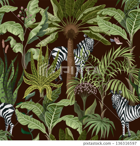 Seamless pattern with tropical trees and zebra. Vector. 136316597
