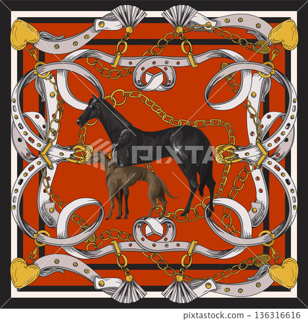 Design scarf with belts and horses. Vector. Design scarf with belts and horses. Vector. 136316616