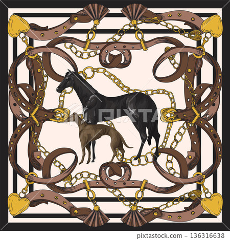 Design scarf with belts and horses. Vector. 136316638
