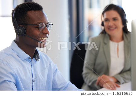 Customer service, callcenter or happy people, black man or business agent consulting on help desk consultation. Networking communication, diversity or telemarketing team smile for sales pitch success Customer service, callcenter or happy people, black man or business agent consulting on help desk consultation. Networking communication, diversity or telemarketing team smile for sales pitch success 136316655