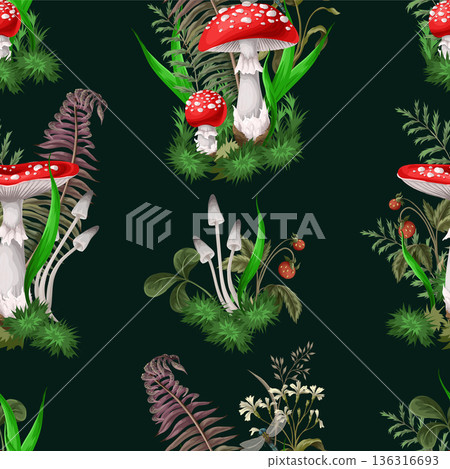 Seamless pattern with fly agaric, other mushrooms and plants. Vector. 136316693