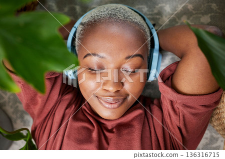 Woman, face and headphones for listening to music to relax on a floor with plants for peace and calm. Headshot of a black female person meditate with sound, audio and podcast or radio at home Woman, face and headphones for listening to music to relax on a floor with plants for peace and calm. Headshot of a black female person meditate with sound, audio and podcast or radio at home 136316715
