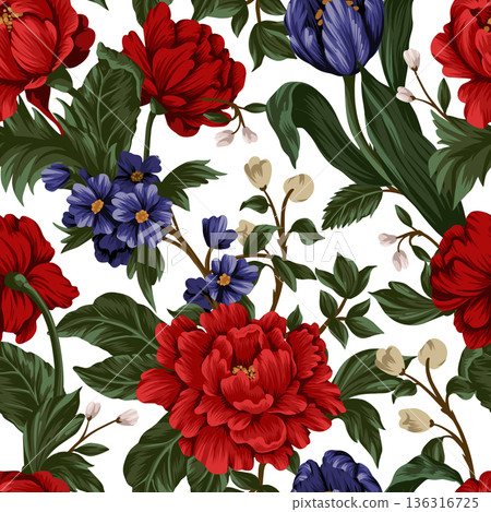 Seamless pattern with red peonies and small flowers. Vector. Seamless pattern with red peonies and small flowers. Vector. 136316725