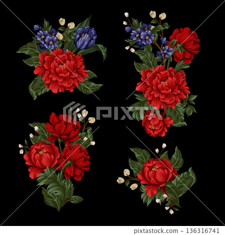 Bouquets with red peonies and small flowers. Vector 136316741