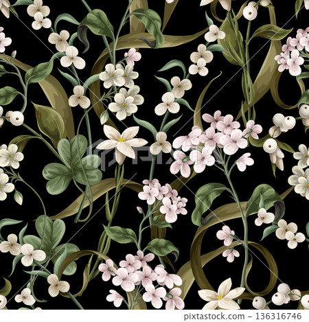 Seamless pattern with thin meadow flowers. Vector. 136316746