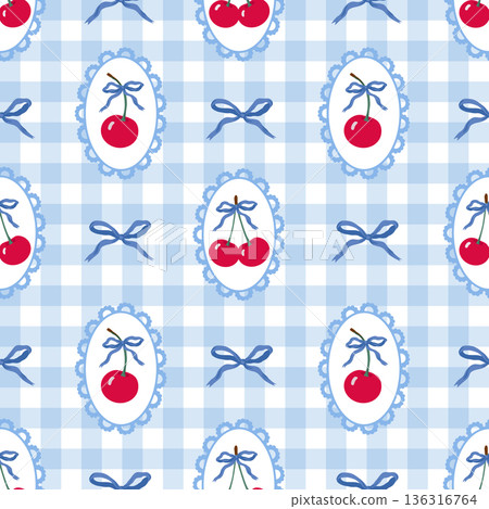 Cute cherry vector seamless pattern with pink bow ribbons hearts playful illustration 136316764