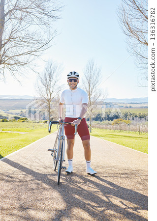 Fitness, bicycle or happy man ready for cycling for training workout and exercise outdoors alone. Start, smile or healthy male sports athlete riding a bike on a road or path for freedom or wellness Fitness, bicycle or happy man ready for cycling for training workout and exercise outdoors alone. Start, smile or healthy male sports athlete riding a bike on a road or path for freedom or wellness 136316782