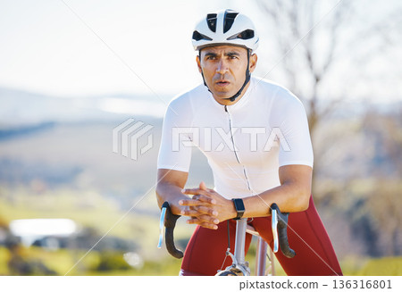 Cycling, thinking and man on bike in nature for fitness, sports and training, cardio or morning routine. Bicycle, break and male cyclist stop to rest in a park while enjoying fresh air or the view Cycling, thinking and man on bike in nature for fitness, sports and training, cardio or morning routine. Bicycle, break and male cyclist stop to rest in a park while enjoying fresh air or the view 136316801