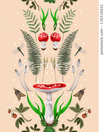 Seamless pattern with fly agaric, other mushrooms and plants. Vector. 136316832
