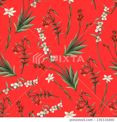 Seamless pattern with thin meadow flowers. Vector. 136316860
