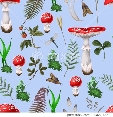 Seamless pattern with fly agaric, other mushrooms and plants. Vector. 136316862