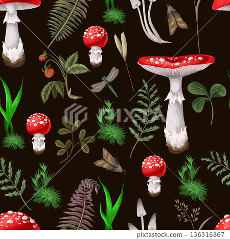 Seamless pattern with fly agaric, other mushrooms and plants. Vector. Seamless pattern with fly agaric, other mushrooms and plants. Vector. 136316867