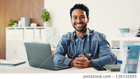 Man, laptop and smile with portrait of doctor in hospital for telehealth advisor, about us and healthcare. Medical professional, opportunity and online physician with male person in clinic for advice 136316885