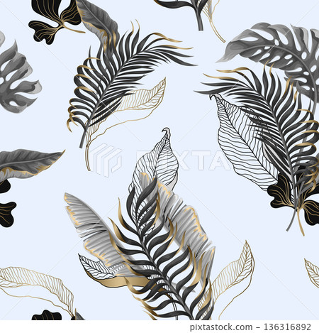 Seamless pattern with black and white tropical leaves and golden elements. Vector. Seamless pattern with black and white tropical leaves and golden elements. Vector. 136316892