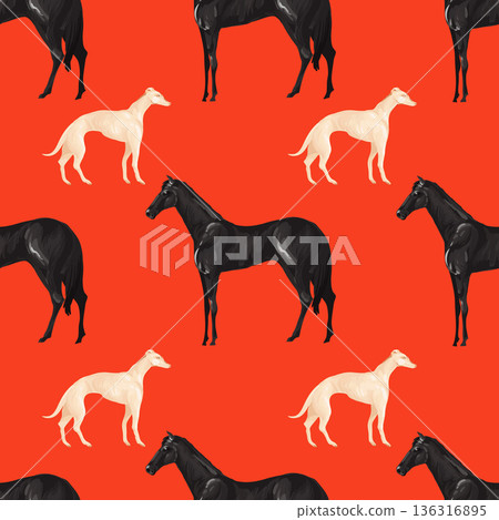 Seamless pattern with black horses and white dogs. Vector. Seamless pattern with black horses and white dogs. Vector. 136316895