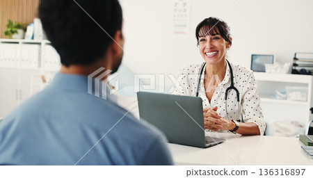 Woman, doctor or patient with laptop in office for consultation, healthcare service or appointment. Medical checkup, discussion or friendly physician with client for wellness assessment, pc or smile Woman, doctor or patient with laptop in office for consultation, healthcare service or appointment. Medical checkup, discussion or friendly physician with client for wellness assessment, pc or smile 136316897