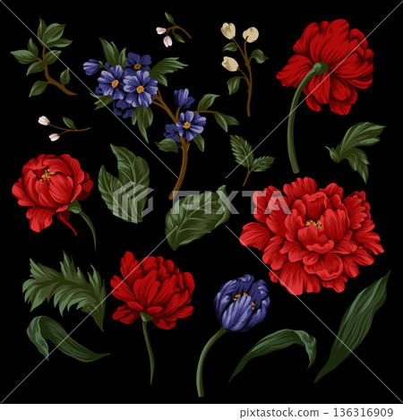 Red peonies, leaves and other flowers isolated. Vector. Red peonies, leaves and other flowers isolated. Vector. 136316909