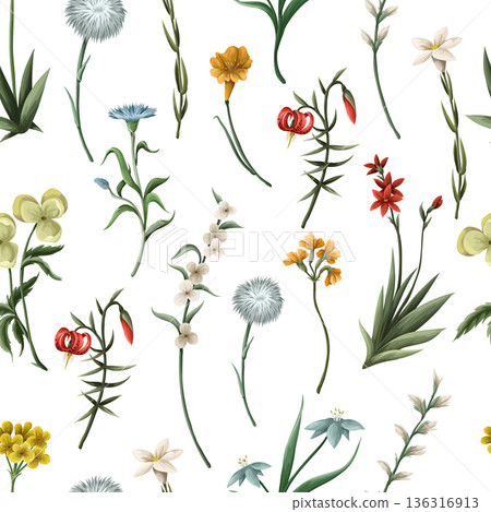 Seamless pattern with thin meadow flowers. Vector. Seamless pattern with thin meadow flowers. Vector. 136316913