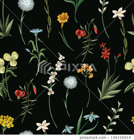 Seamless pattern with thin meadow flowers. Vector. Seamless pattern with thin meadow flowers. Vector. 136316914
