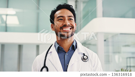 Thinking, doctor and man in hospital, smile and contemplation for illness treatment. Medical service, professional and happy person in clinic, solution or vision for healthcare future and decision Thinking, doctor and man in hospital, smile and contemplation for illness treatment. Medical service, professional and happy person in clinic, solution or vision for healthcare future and decision 136316918