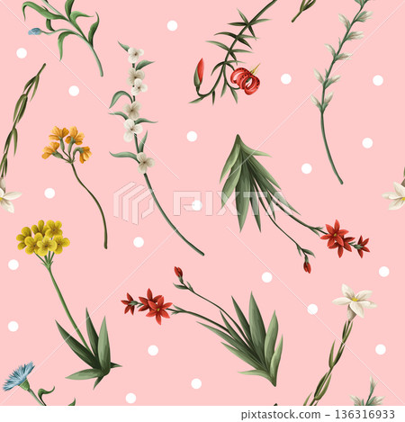 Seamless pattern with thin meadow flowers and dots. Vector. 136316933