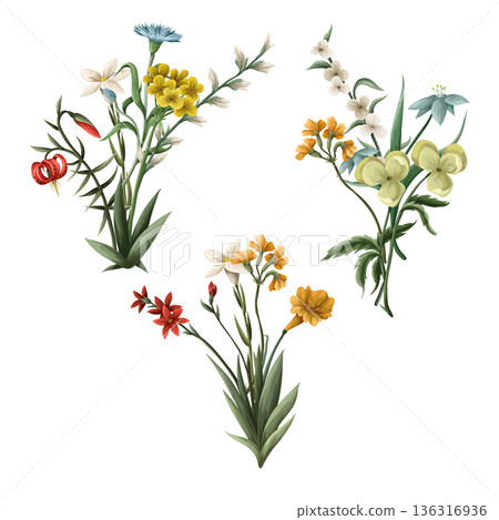 Bouquets with thin meadow flowers. Vector. Bouquets with thin meadow flowers. Vector. 136316936