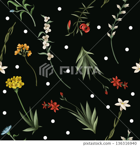 Seamless pattern with thin meadow flowers and dots. Vector. 136316940