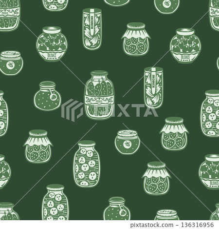 Jar seamless vector pattern with pickles olives kimchi honey preserves hand drawn illustration Jar seamless vector pattern with pickles olives kimchi honey preserves hand drawn illustration 136316956