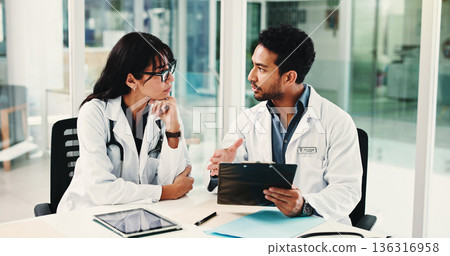 Meeting, clipboard and advice with doctors in hospital for team, surgery schedule and healthcare. Patient records, planning and medical with people in clinic for checklist, research and review Meeting, clipboard and advice with doctors in hospital for team, surgery schedule and healthcare. Patient records, planning and medical with people in clinic for checklist, research and review 136316958
