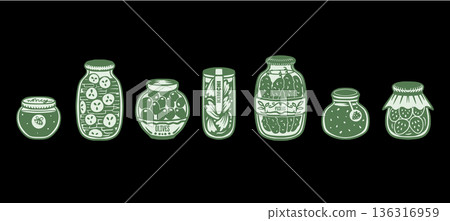Jar isolated vector pattern with pickles olives kimchi honey preserves hand drawn illustration 136316959
