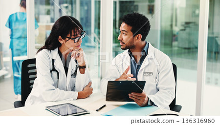 Meeting, clipboard and healthcare with doctors in hospital for team, surgery schedule and talk. Patient records, planning and medical with people in clinic for checklist, research and review 136316960