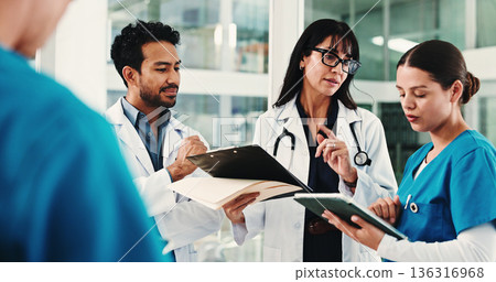 Meeting, clipboard and tablet with doctors in hospital for team, surgery schedule and healthcare. Patient records, planning and medical with people in clinic for checklist, research and tech 136316968