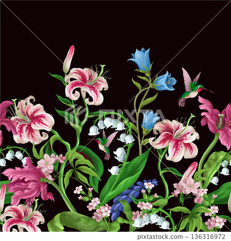 Luxury liley border vector floral pattern with exotic flowers and birds Luxury liley border vector floral pattern with exotic flowers and birds 136316972