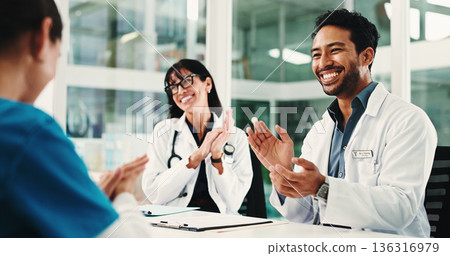 Doctors, nurse and applause in meeting for healthcare results, report success or residency achievement. Medical people, celebration and excited for bonus, promotion praise and thank you in hospital 136316979