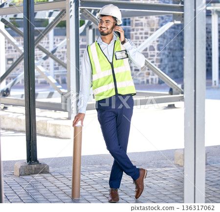 Architect, phone call and happy man with blueprint at construction site, networking and communication with plan. Engineering, cellphone and negotiation discussion for safety and planning with smile. 136317062