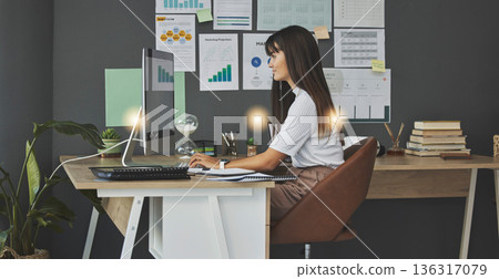 Woman, analytics and data analyst working from home, computer and employee at desk with graph and charts. Information, statistics and female person typing, remote work and review online research Woman, analytics and data analyst working from home, computer and employee at desk with graph and charts. Information, statistics and female person typing, remote work and review online research 136317079
