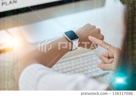Smartwatch, screen and business woman for office management, workflow check and data mockup in overlay. Digital, clock app and professional person hands typing, reading and timer technology at desk Smartwatch, screen and business woman for office management, workflow check and data mockup in overlay. Digital, clock app and professional person hands typing, reading and timer technology at desk 136317086