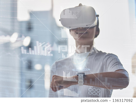 Vr, 3d or woman with smart watch, hologram or graphs data for charts info or online update in office. Virtual reality, metaverse or girl developer with futuristic time device for web innovation Vr, 3d or woman with smart watch, hologram or graphs data for charts info or online update in office. Virtual reality, metaverse or girl developer with futuristic time device for web innovation 136317092