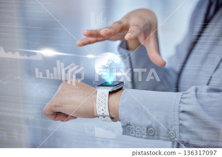 Business, closeup and smartwatch with hologram, globe.or online to check time, program or goals. Female person, tracker or employee with progress, app or wearable with technology, internet or network Business, closeup and smartwatch with hologram, globe.or online to check time, program or goals. Female person, tracker or employee with progress, app or wearable with technology, internet or network 136317097