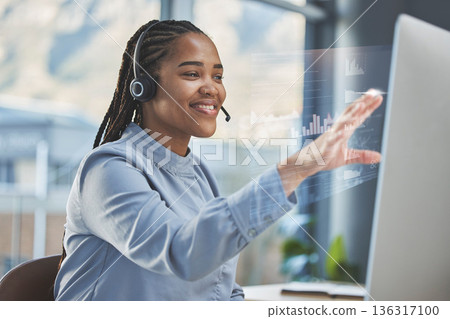 Call center, digital overlay or happy woman on computer in customer support, telemarketing or CRM network. Chart graphs hologram, contact us or girl virtual assistant consulting with headset or smile Call center, digital overlay or happy woman on computer in customer support, telemarketing or CRM network. Chart graphs hologram, contact us or girl virtual assistant consulting with headset or smile 136317100