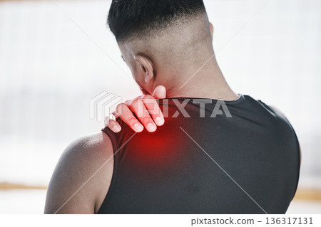 Man, neck pain and fitness, injury and red overlay, back and medical emergency with muscle inflammation. Male athlete, shoulder strain with glow and health problem, fibromyalgia and exercise accident Man, neck pain and fitness, injury and red overlay, back and medical emergency with muscle inflammation. Male athlete, shoulder strain with glow and health problem, fibromyalgia and exercise accident 136317131