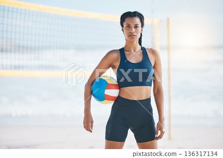 Volleyball, fitness and portrait of woman on beach ready for exercise, training and workout for game. Sports, motivation and female athlete with ball by ocean for practice, match and competition Volleyball, fitness and portrait of woman on beach ready for exercise, training and workout for game. Sports, motivation and female athlete with ball by ocean for practice, match and competition 136317134