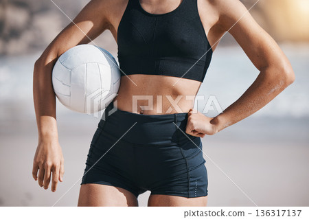Woman, volleyball and sports body on beach for workout exercise or training by the ocean coast. Active female person with ball in fitness for volley practice by sea or healthy wellness in nature 136317137