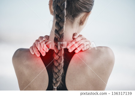 Back pain, red and woman for fitness or exercise injury, sports risk or muscle healthcare outdoor. Medical, spine and person massage for anatomy problem in training, cardio or workout overlay 136317139