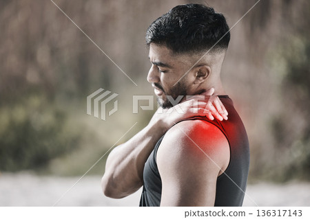 Shoulder pain, red and man in fitness or workout injury, sports risk or muscle healthcare in nature. Medical, neck or stress of athlete person massage for training, cardio or exercise problem overlay 136317143